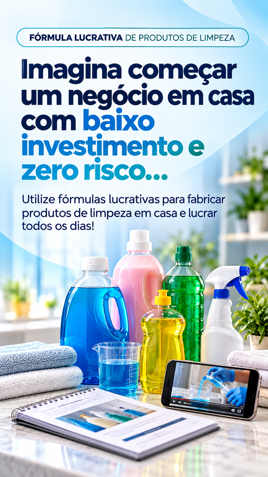 Fórmula Lucrativa de Produtos de Limpeza. Imagina começar um negócio em casa com baixo investimento e zero risco... Utilize fórmulas lucrativas para fabricar produtos de limpeza em casa e lucrar todos os dias!