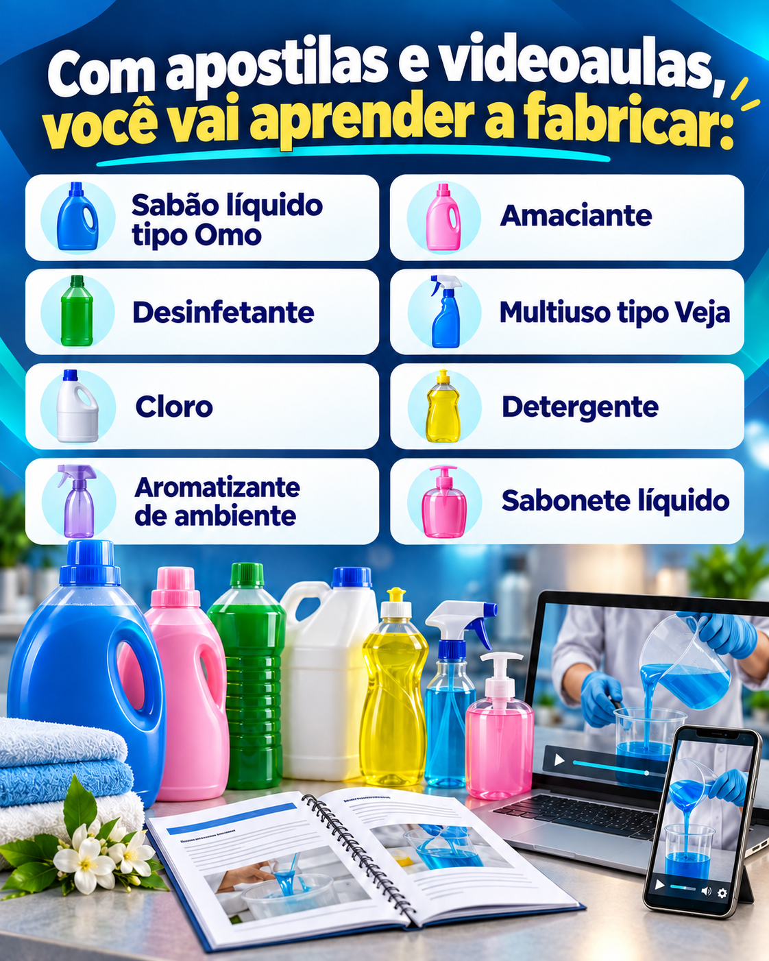 Com apostilas e videoaulas, você vai aprender a fabricar: sabão líquido tipo Omo, amaciante, desinfetante, multiuso tipo Veja, cloro, detergente, aromatizante de ambiente e sabonete líquido.
