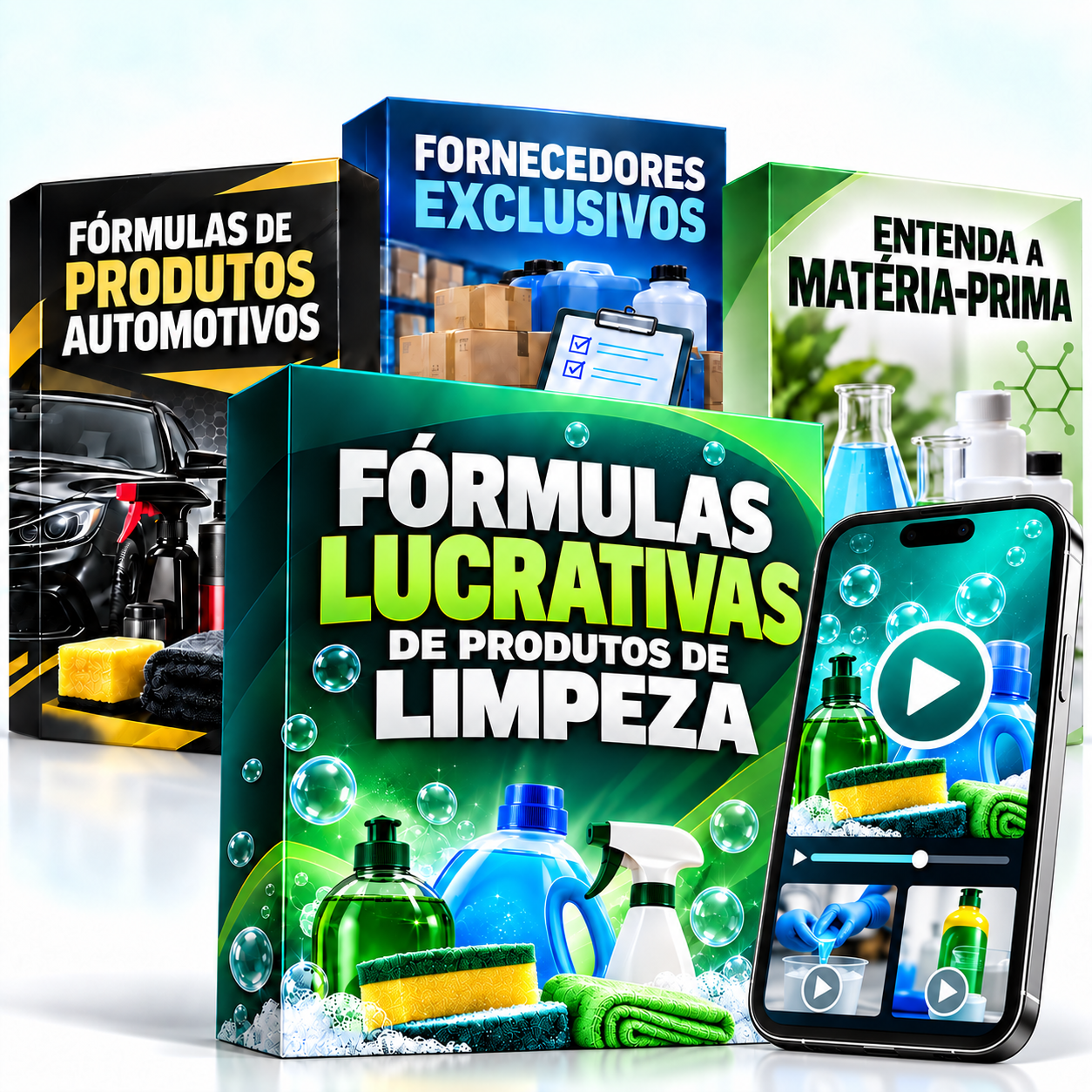 Fórmulas Lucrativas de Produtos de Limpeza, com fórmulas automotivas, fornecedores exclusivos e explicações sobre matéria-prima.